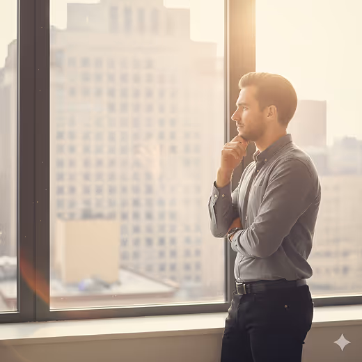 Man in gray shirt standing by a large window, looking thoughtfully outside at city buildings during sunset.