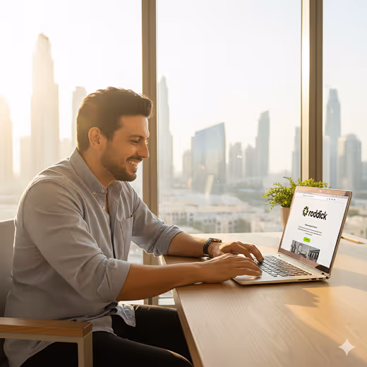 Smiling man typing on a laptop at a wooden desk with a city skyline visible through large windows.